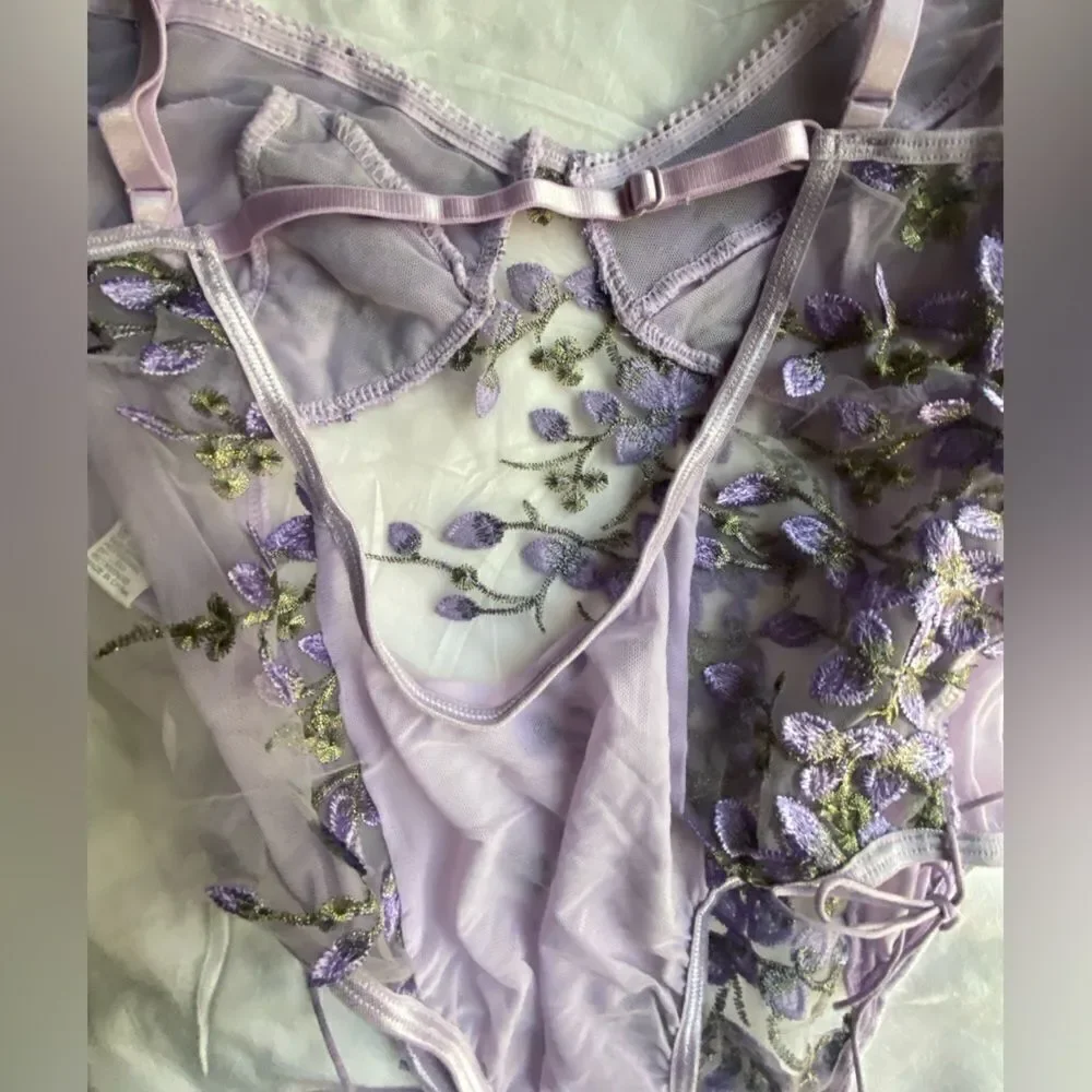 new,embroidered slim tulle bodysuit